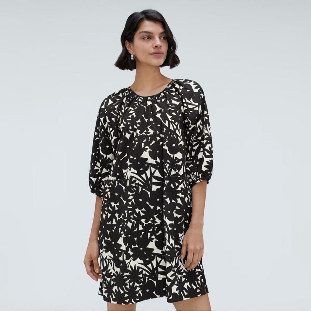 Everlane The Seersucker Puff Sleeve Mini Dress XS Black White Floral